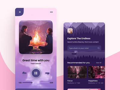 Relaxing Music App 3d animation app design awesome beautiful branding clean detailed female graphic design ios logo mobile motion graphics music app pink relaxing music app ui user interface ux