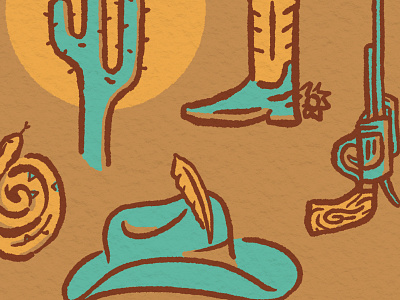 Southwestern USA boots cactus cowboy hat design drawing gun hand drawn illustration joe horacek little mountain print shoppe procreate snake southwest southwestern usa western