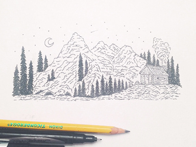 Cabin On A Mountain cabin drawing forest hand drawn hibernation illustration joe horacek little mountain print shoppe lumberjack mountains sketch sketch mountain series