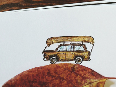 Wagoneer in Autumn autumn canoe colored pencil drawing fall illustration jeep joe horacek little mountain print shoppe pen sketch wagoneer
