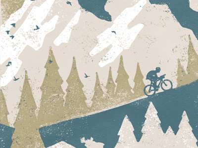 Uphill Both Ways bicycle bike birds color distress forest hill illustration joe horacek mountain mountains poster screen print texture trees up hill both ways