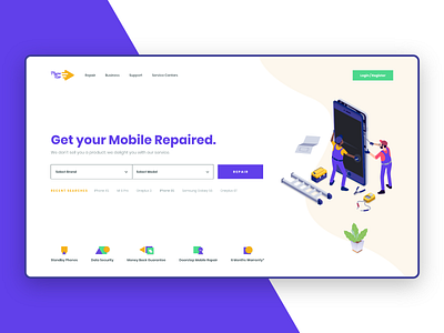 Mobile Repair Landing Page adobe xd colours home page icons illustration interface design ios landing page minimal design mobile mobile app mobile repair ui product design repair shapes ui ux web design web product design website