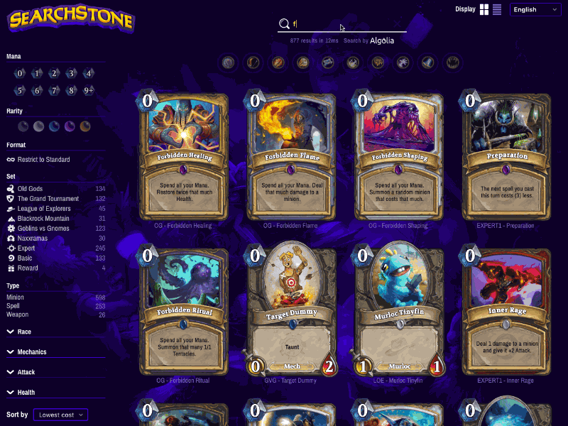 Searchstone - Preview algolia api cards hearthstone hs search sunwell