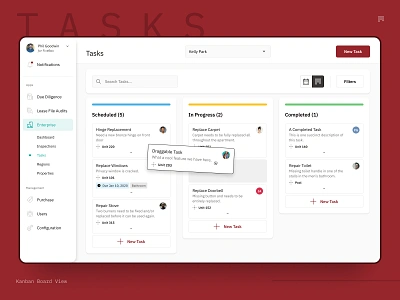 Kanban Board app app design board board view cards corporate dashboard drag draggable enterprise kanban management process productivity red task ui ux web app web application