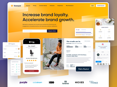 Stamped.io Hero Section float gilroy font hero homepage interface landing page orange points purple review shadow star ui web design website design wireframes