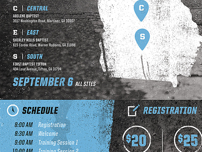 In Progress: Poster/Mailer blue carolina blue concrete distress georgia grit grunge map one day registration schedule white