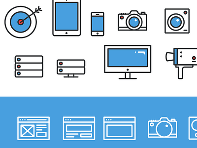 Website Elements in Progress black blue camera computer icons red super8 video website white wireframe