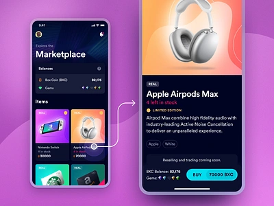 Boxiz App - Marketplace app design app store circular font diamonds gems grid ios ios app market marketplace nft product product design purple sports store ui ui design uiux ux