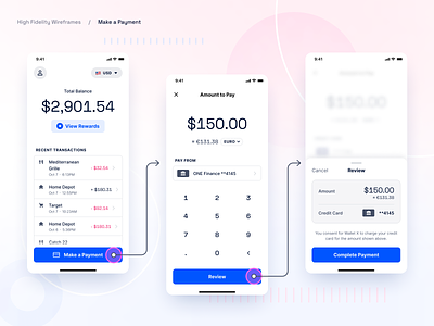 Wireframes (Hi-Fi) app deisgn bank app black and white blue credit card app finance app fintech flow grayscale hifi inter ios ios app design pay payment space grotesk transactions ui ux wireframe