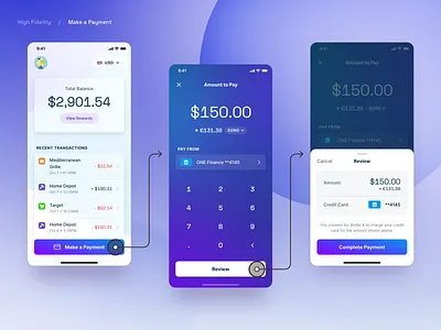 Hi-Fi UI app design bank app banking banking app clean credit card finance app fintech ios app make a payment mobile app modern nft payment space grotesk transactions ui uiux ux