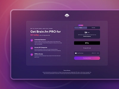 Brain.FM Subscribe Page clean credit card glassy gradient mesh gradient modern music music app payment subscribe tt norms pro ui ux web app