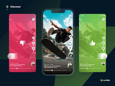 Rumble Discover (👍 / 👎) app app design micro interaction mobile app mockup product profile rumble scrubber skateboard social app social media swipe ui ui design ux video video app web