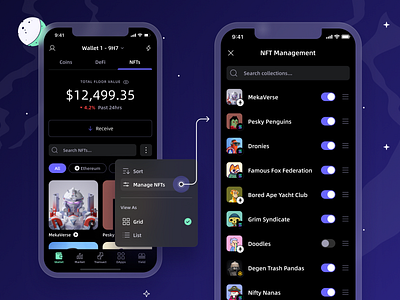 SafePal NFT Management app app design crypto crypto wallet dark mode ethereum grid mobile app mockup nft product solana space toggle ui ui design ux wallet web web3