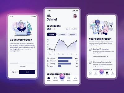 Cough Counting App app app design bar chart dashboard form illustration ios line chart mobile app mockup onboarding product purple sora font sound ui ui design ux waveform web