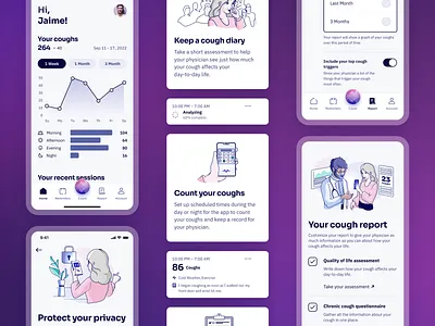 Cough Counting App Screens + Components ai app app design bar chart dashboard doctor graphs healthcare illustration line chart mobile app mobile app design uiux mockup onboarding product purple ui ui design ux web