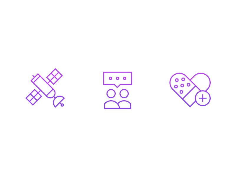 A Trio of Icons bandaid chat health heart help icons people plus purple satellite space talk