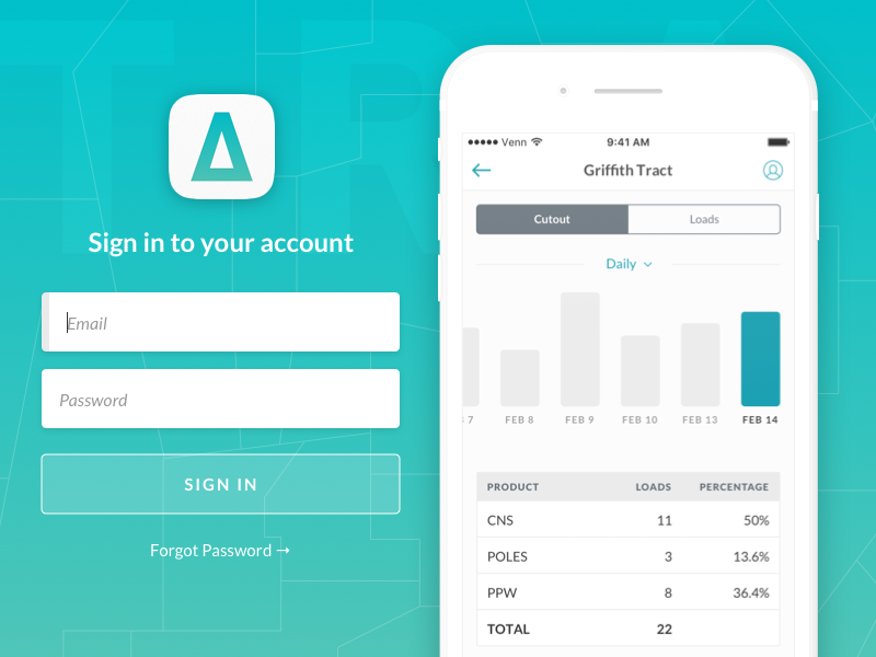 TRACT™ Loader App tabs table bar graph login sign in ios ux ui gradient teal iphone lato