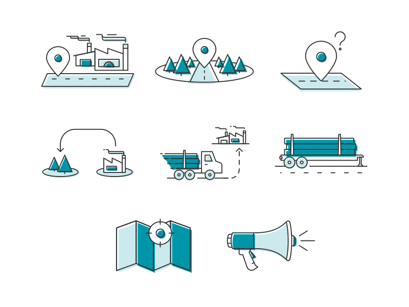 TRACT™ Trucker App Illustrations blue crosshair factory icons illustration line drawing location map megaphone road truck ui