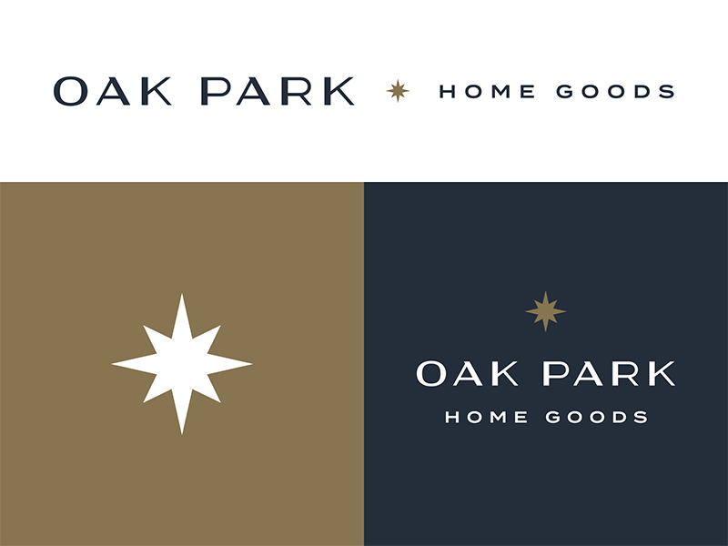 Oak Park Logo brand branding design ecommerce gold home identity king star logo midmod modern navy star store termina white