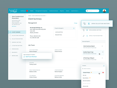 Client Summary Page add blue client contacts dashboard law law firm overview sidebar summary team ui ux