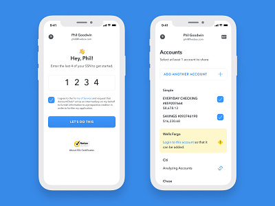 AccountChek UI Redesign accounts analyze bank borrower checkbox emojis error financial institutions flow ios lender login logout mobile sharing ui ux