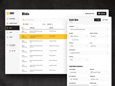 Bids Dashboard big data black clean construction contractor dashboard figma forms icons libre franklin long form oswald font streamline icons street table yellow