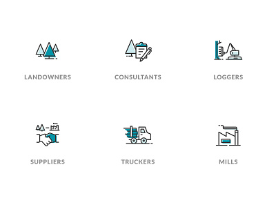 Smaller TRACT™️ Icons blue building car clipboard forest handshake icon icons iconset industry line drawings logs mills teal tree trees truck ui web woods
