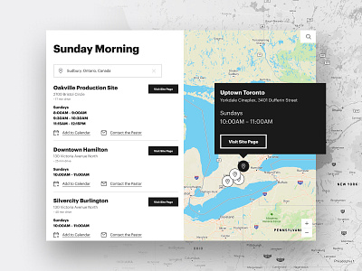 Site Searching black black and white canada church clean graphik graphik font list list view location map map view mapping maps modern search simple sunday time white
