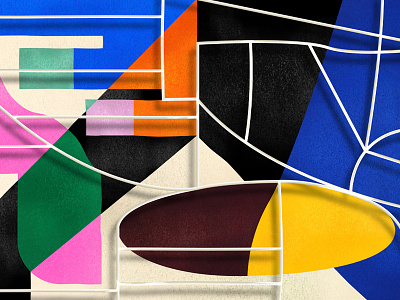 A painting behind a claustra. abstract color contrast geometry grid illustration