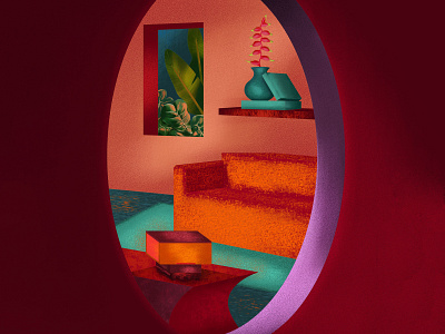 Jungle window color colors constrast design hot illustration interior design leaves night orange plants purple red rooms round window sofa summer texture tropical tropical leaves