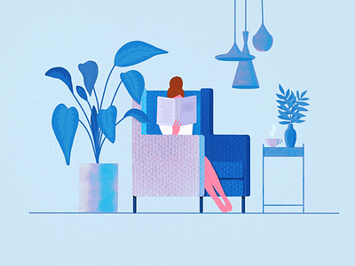 Reading is my favorite leisure 2d armchair blog blue book character cozy dribbble flat girl illustration minimal plant procreate reading