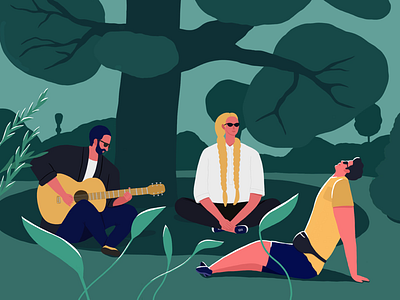 Beautiful day in Barcelona 2d art band blog calm character character design cozy cute design dribbble flat friends green guitar illustration music nature procreate sunglasses