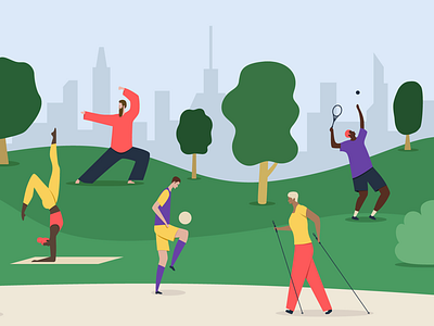 Healthy lifestyle. Activities in park Part1. characters colorful dribbble football illustration park sport tennis vector yoga