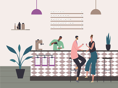 [1/2] Cafe. Interior. 2d bartender cafe character coffee colorful couple dribbble flat illustration interior vector