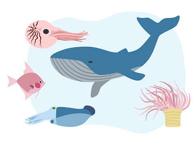 Underwater set 2d blue colorful digitalart dribbble fish flat illustration ocean sea vector whale