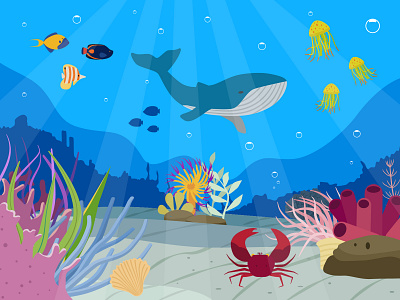 Underwater scene 2d blue character colorful coral crab dribbble fish flat illustration jellyfish ocean ocean life sea underwater vector whale
