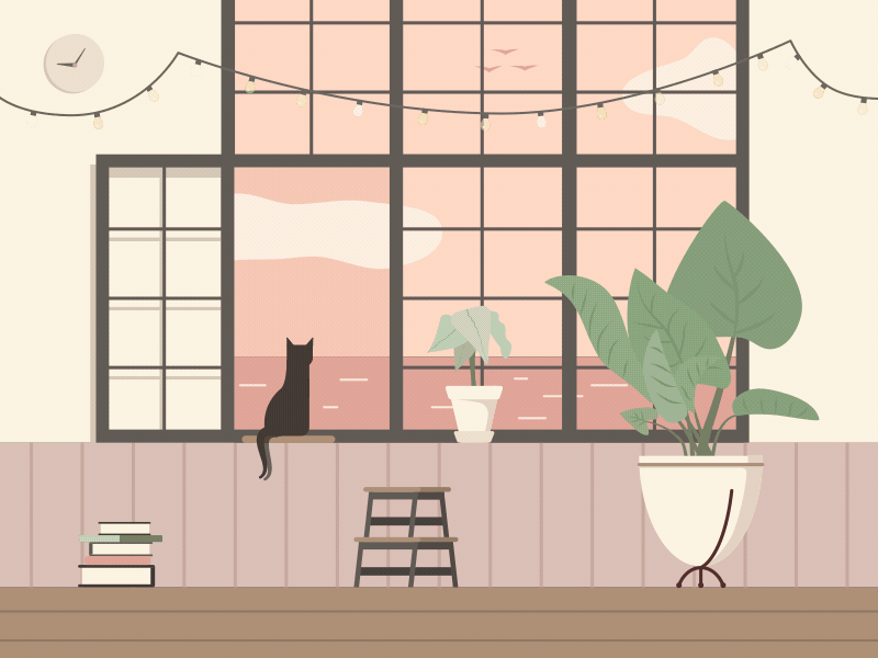 Dreamy cat 2d adobe aftereffects animation cat colorful cozy cute digitalart dribbble flat gif illustration motion plant room sea sunrise sunset vector