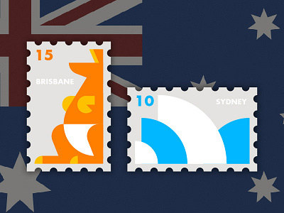 Travel of Stamp—Australia australia blue brisbane geometry illustration kangaroo oprea house orange simple stamp sydney travel