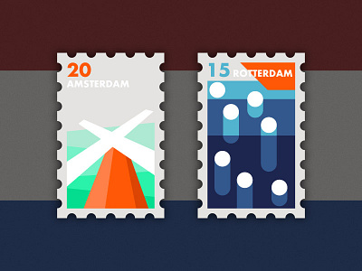 Travel of Stamp—Holland amsterdam blue bubble geometry hill illustration orange rotterdam sea ship simple stamp travel water wind windmill
