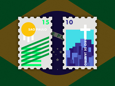 Travel of Stamp—Brazil blue cross football geometry green ground hill illustration rio de janeiro sao paulo sea simple soccer stamp travel