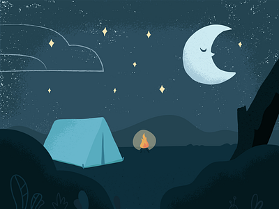 Sleepy Time camp campfire camping dark illustration moon night sleep sleeping stars tent texture vector