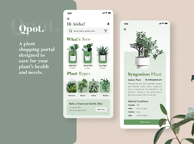 Qpot - Plant Shopping Portal app clean design expensive graphic design minimal mobile plants screen shopping ui ux