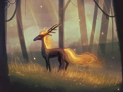 Firedeer animal deer fire fireflies forest glowing grass sun trees