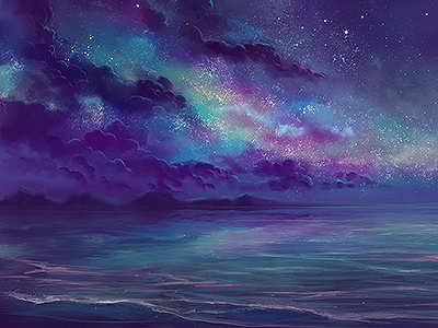 Starry Sky clouds colorful night ocean sky stars water waves