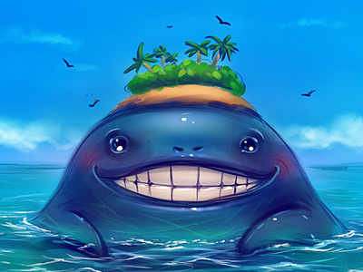 Odd Island. blue bright creature happy island monster ocean whale