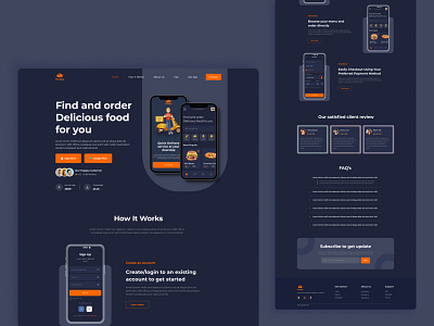 Food delivery service app landing page - Dark Mood