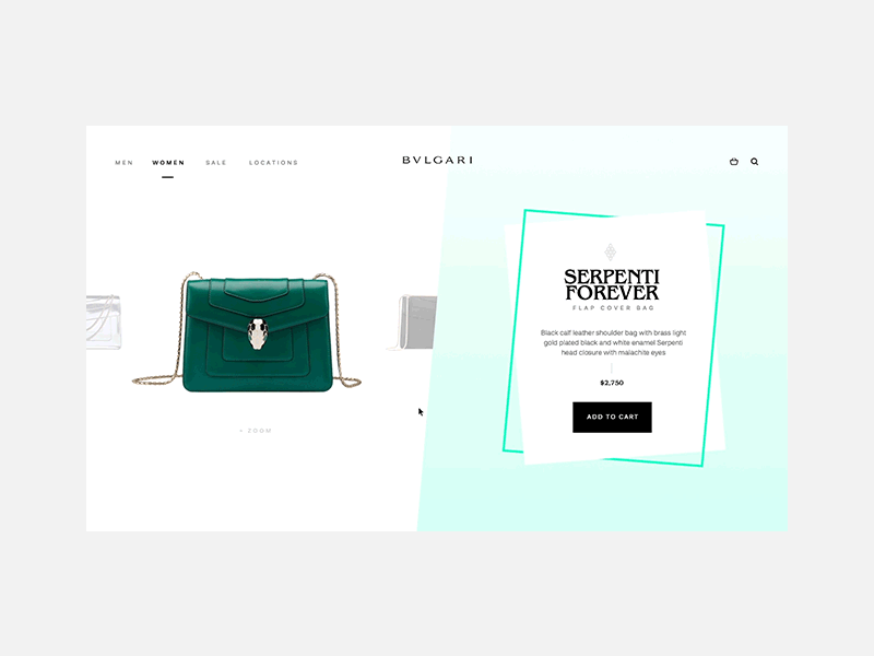 Bvlgari Product Detail Page UI Concept bag concept detail half page product split ui website zoom