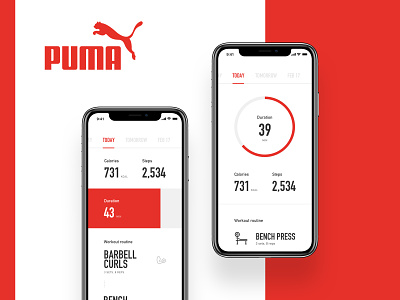 Puma Fitness App clean clean app design exercise fitness ios iphone minimal modern numbers red red and white ui white workout