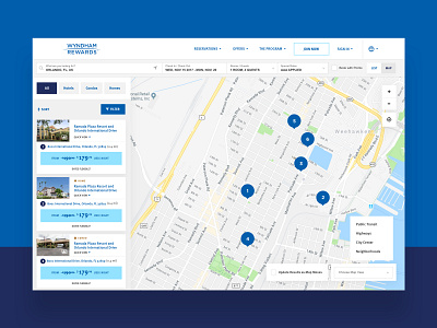 Wyndham Rewards Hotel Selection blue finder hotel hotel app hotel booking map ui white
