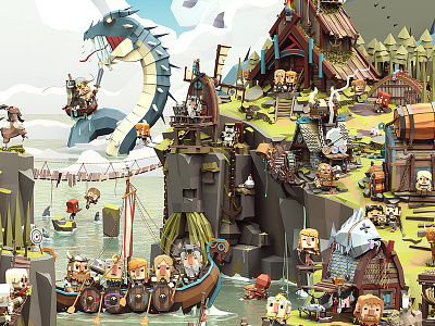 Viking Life 3d illustration lowpoly sea serpent town viking vikings